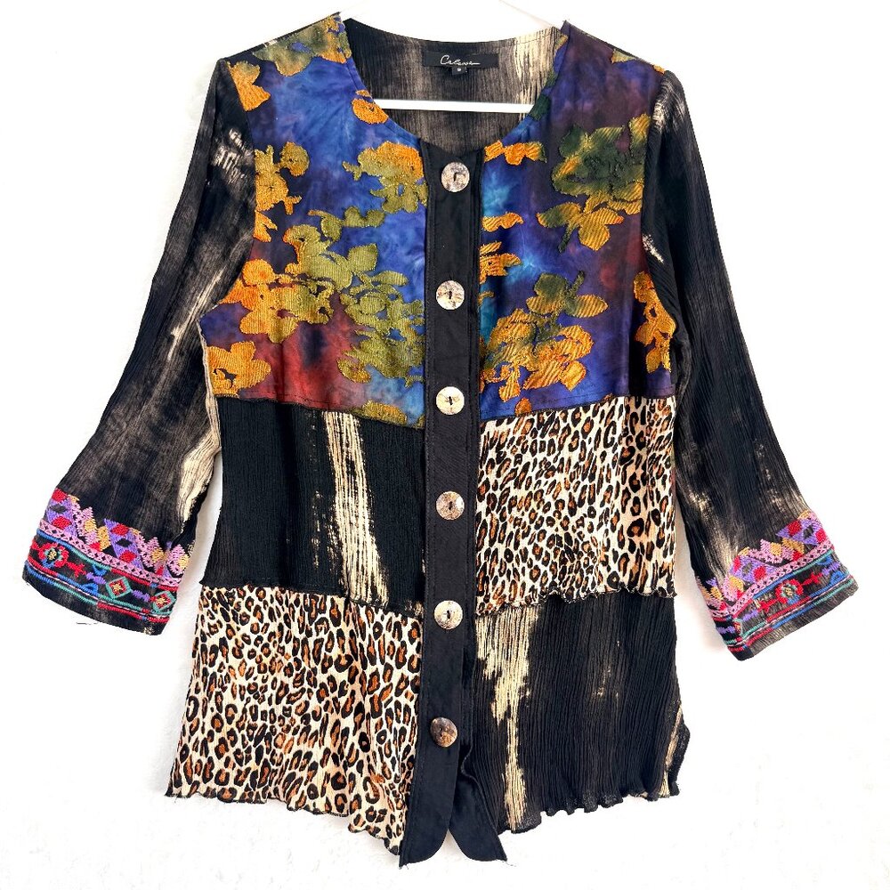 CALESSA Patchwork Mixed Media Embroidered Lagenlook Boho Semi Sheer LS Tunic S